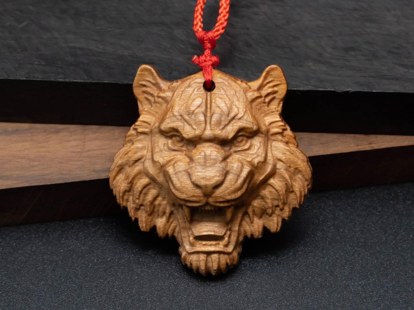 tiger head necklace,wood pendant,engraved necklace,mens necklace,animal necklace,cherry wood tiger necklace