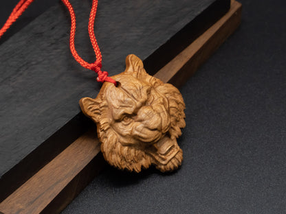 tiger head necklace,wood pendant,engraved necklace,mens necklace,animal necklace,cherry wood tiger necklace