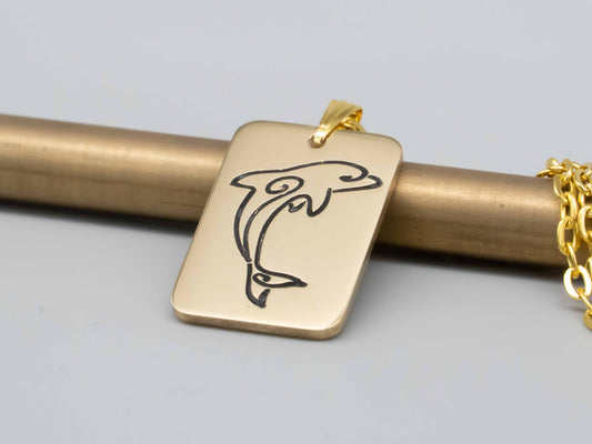 Solid brass necklace,dolphin necklace,dolphin jumping,engraved pendant,brass pendant,engraved necklace,Engraved tag,mean freedom and joy