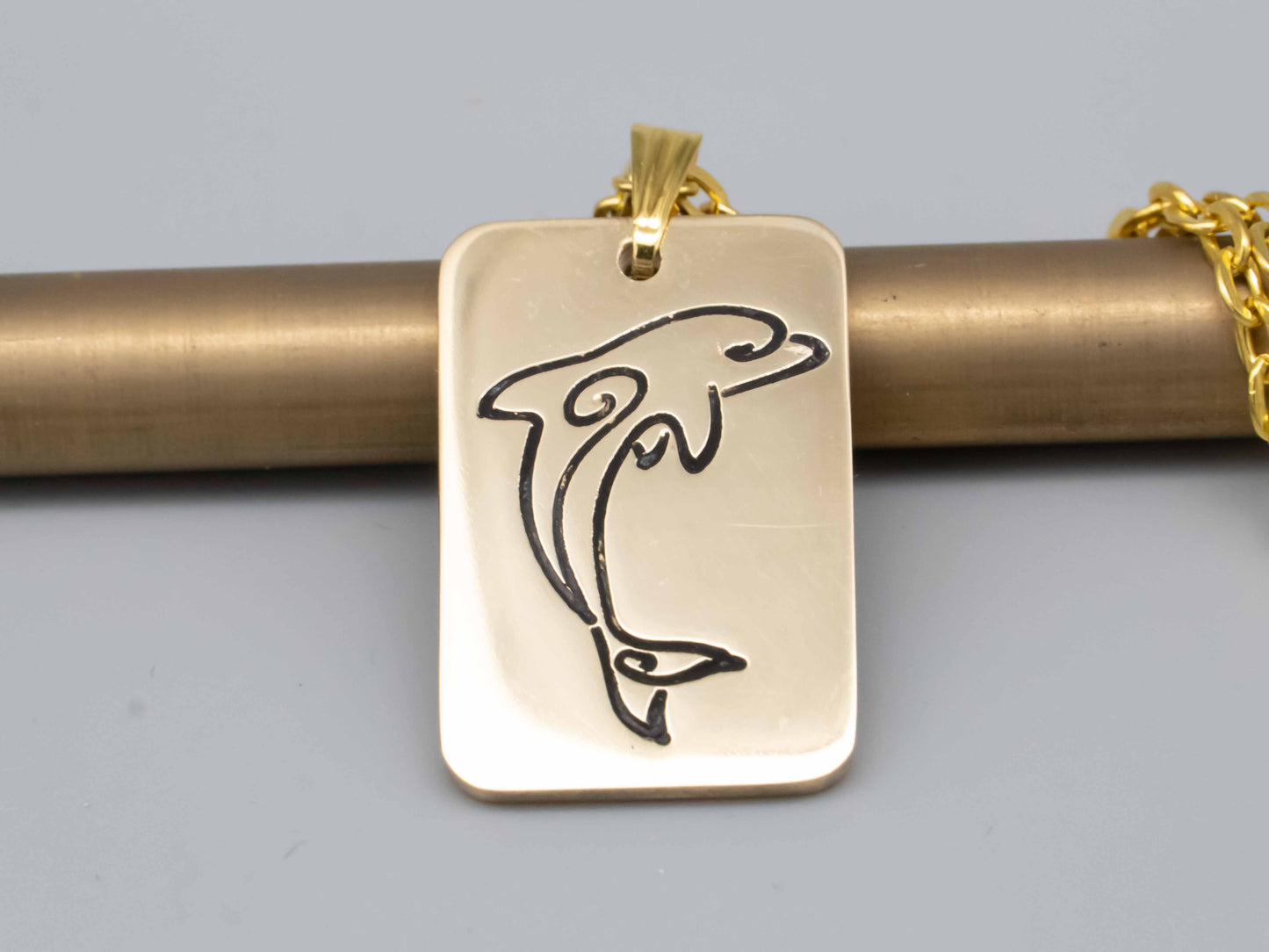 Solid brass necklace,dolphin necklace,dolphin jumping,engraved pendant,brass pendant,engraved necklace,Engraved tag,mean freedom and joy