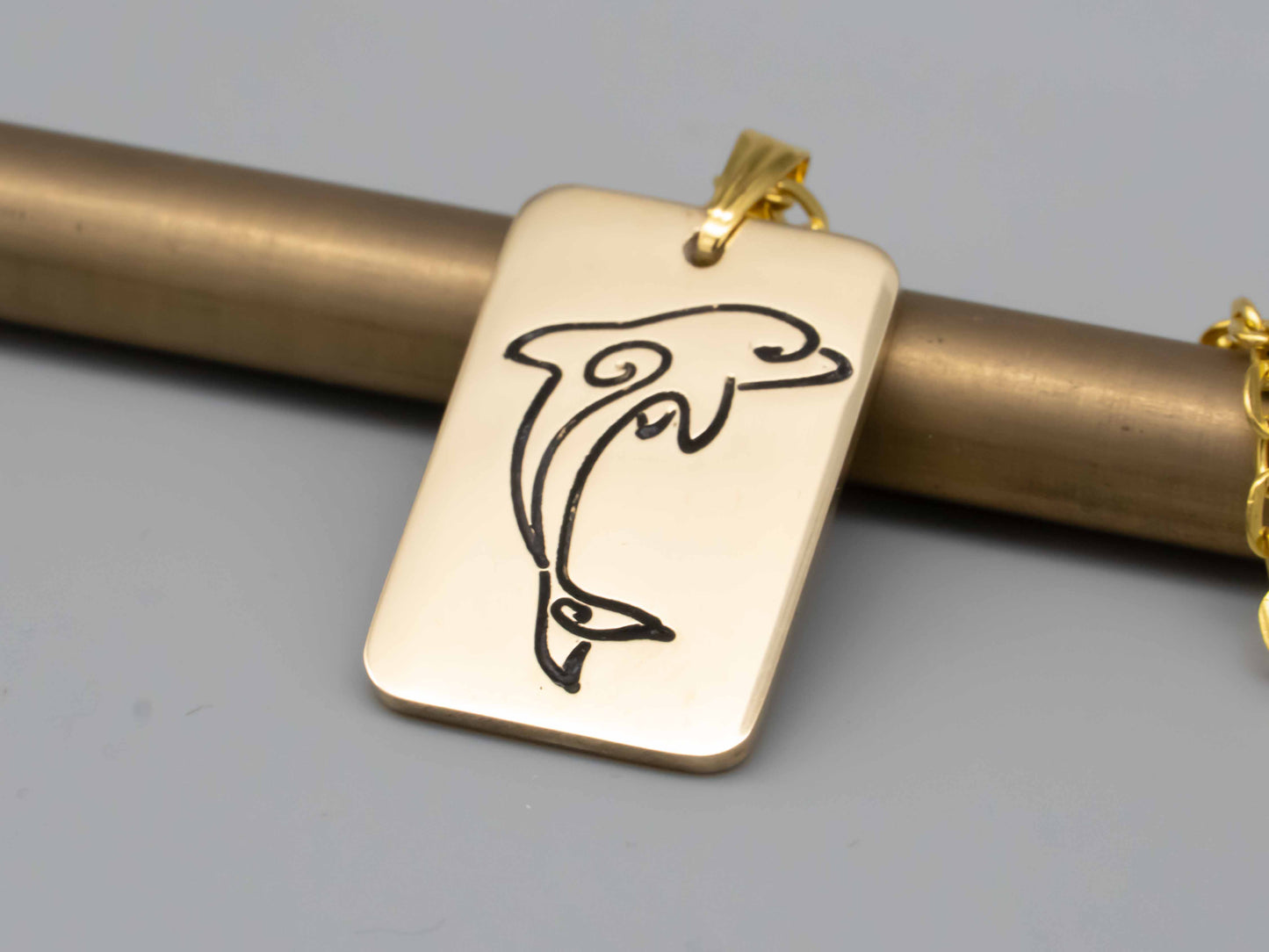 Solid brass necklace,dolphin necklace,dolphin jumping,engraved pendant,brass pendant,engraved necklace,Engraved tag,mean freedom and joy