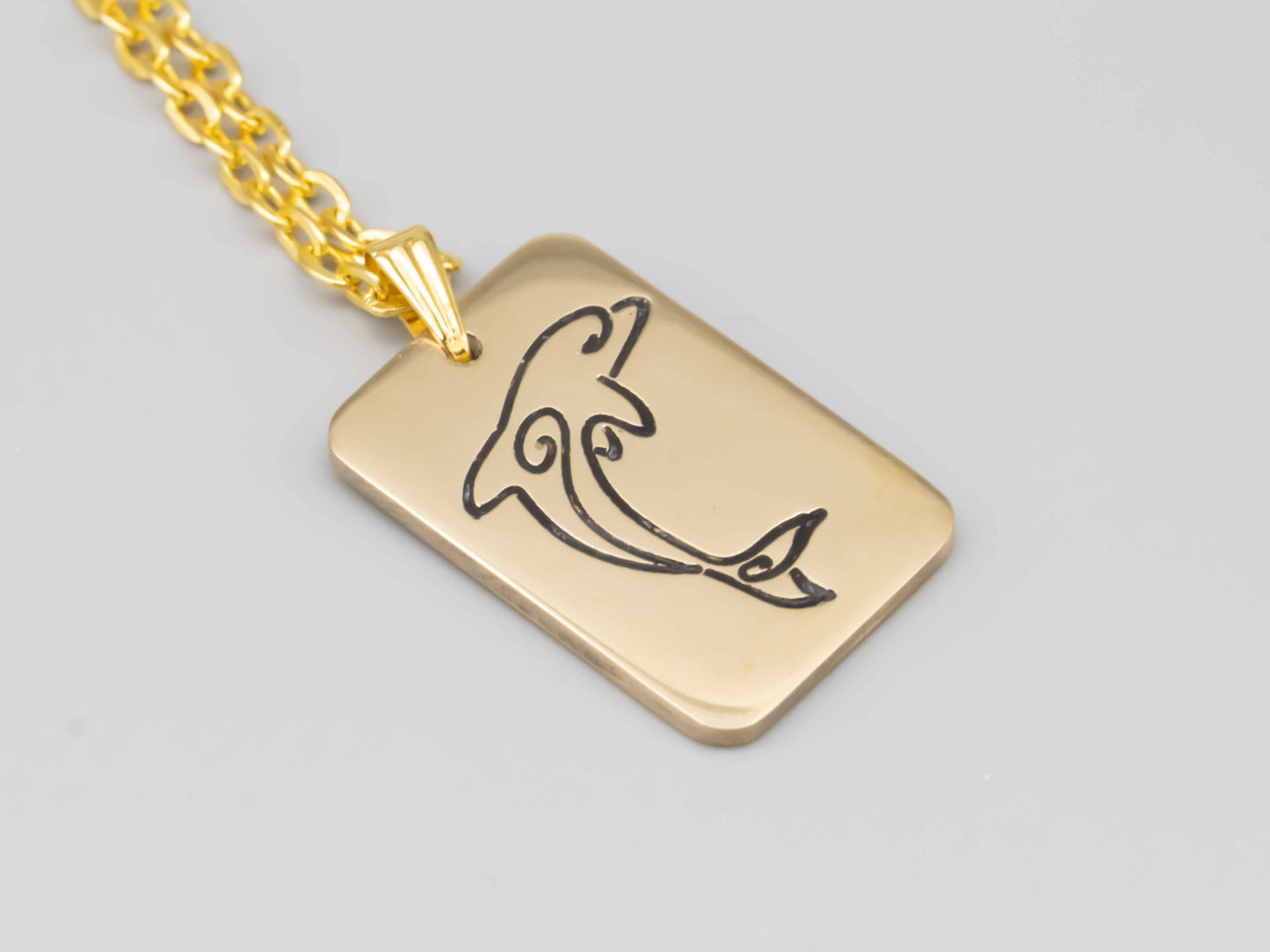 Solid brass necklace,dolphin necklace,dolphin jumping,engraved pendant,brass pendant,engraved necklace,Engraved tag,mean freedom and joy