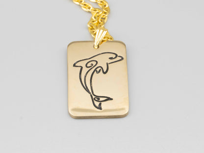 Solid brass necklace,dolphin necklace,dolphin jumping,engraved pendant,brass pendant,engraved necklace,Engraved tag,mean freedom and joy