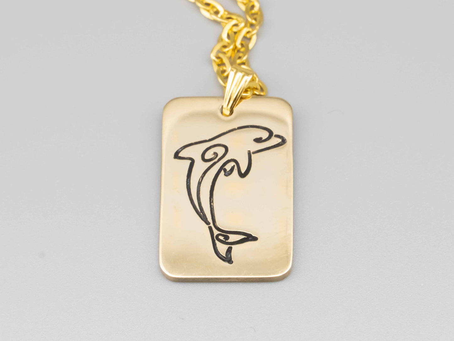 Solid brass necklace,dolphin necklace,dolphin jumping,engraved pendant,brass pendant,engraved necklace,Engraved tag,mean freedom and joy