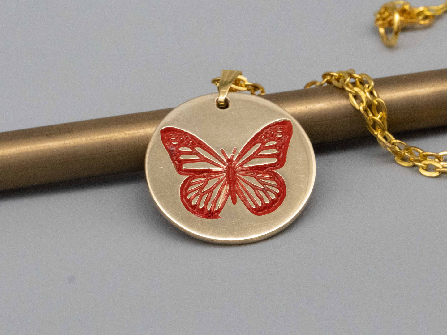 Solid brass necklace,butterfly necklace,engraved pendant,brass pendant,spider pendant,engraved necklace,Engraved tag