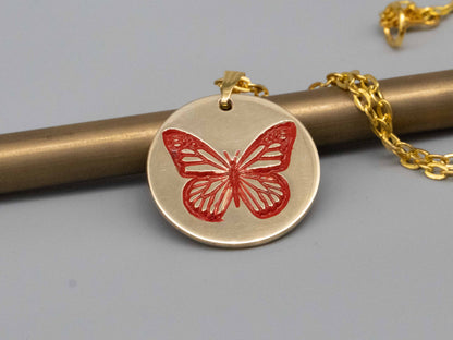 Solid brass necklace,butterfly necklace,engraved pendant,brass pendant,spider pendant,engraved necklace,Engraved tag