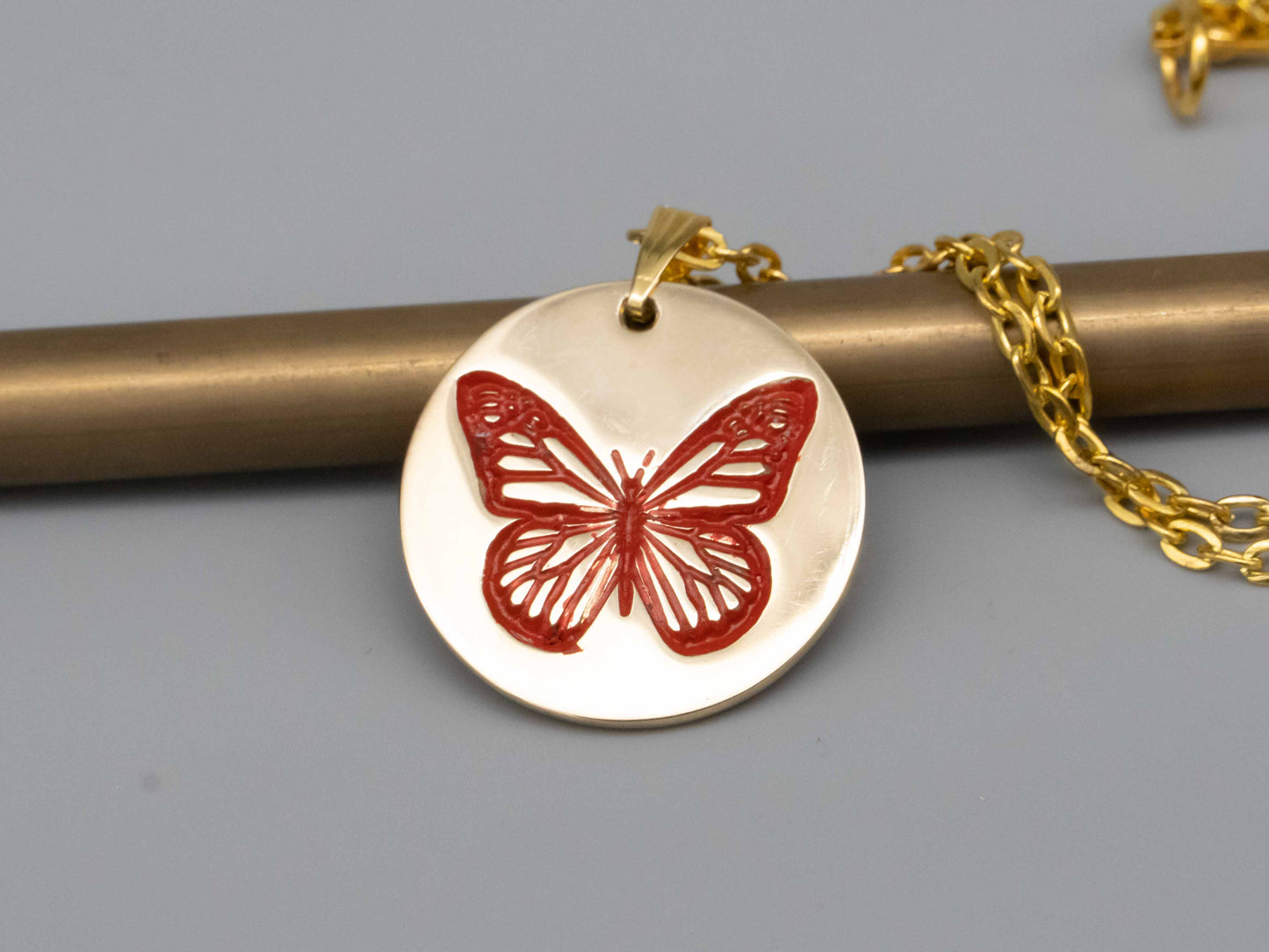 Solid brass necklace,butterfly necklace,engraved pendant,brass pendant,spider pendant,engraved necklace,Engraved tag