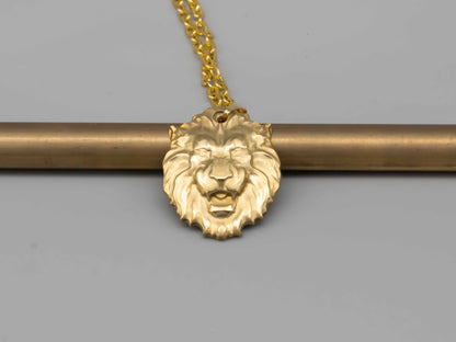 Solid brass necklace,Lion head necklace,brass lion head,engraved pendant,brass pendant,Vintage brass,gift for him,mean powerful and courage