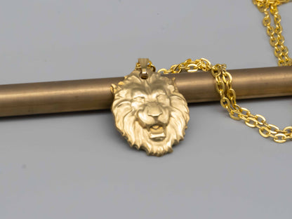 Solid brass necklace,Lion head necklace,brass lion head,engraved pendant,brass pendant,Vintage brass,gift for him,mean powerful and courage