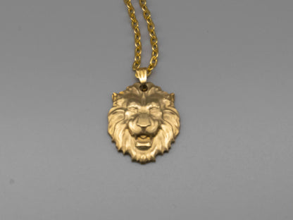 Solid brass necklace,Lion head necklace,brass lion head,engraved pendant,brass pendant,Vintage brass,gift for him,mean powerful and courage