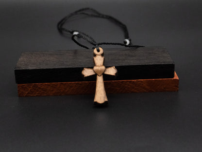 Cross Necklace,wood carving,cross with heart,Christian Necklace, Religious Jewelry Gift, Cross Pendant, wooden cross,wood carving