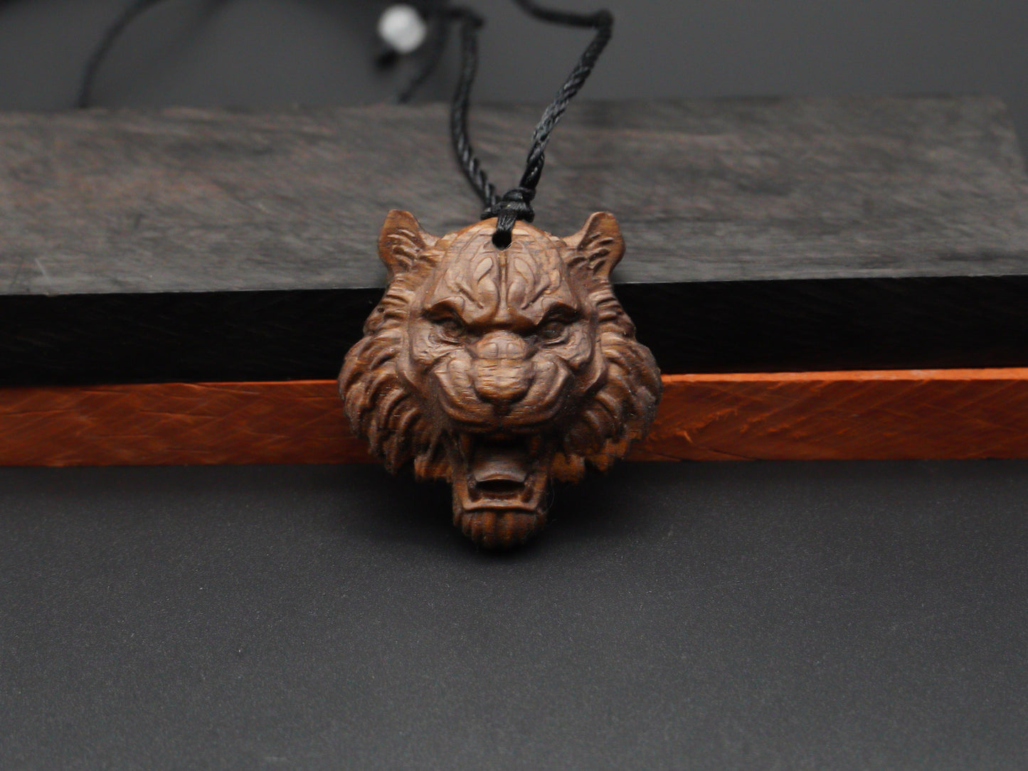 tiger head necklace,wood pendant,engraved necklace,mens necklace,animal necklace,cherry wood tiger necklace