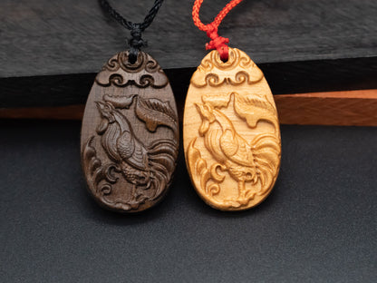 Rooster pendant,zodiac necklace,year of rooster,wood carving,animal Necklace,carve pendant,carve wood,engraved necklace,