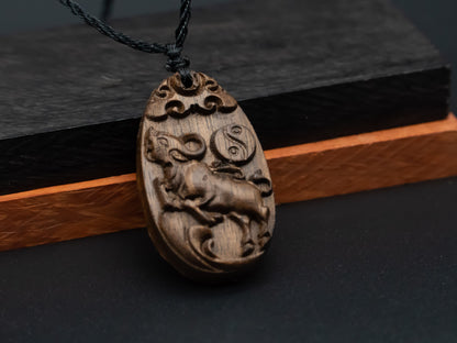 ox pendant necklace,wood pendant,engraved necklace,zodiac necklace,year of ox,pendant necklace,animal Necklace,exotic wood necklace