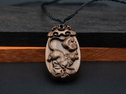 rat pendant necklace,wood pendant,engraved necklace,zodiac necklace,year of rat,pendant necklace,animal Necklace,exotic wood necklace