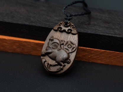 Pig pendant necklace,wood pendant,carve jewelry,zodiac necklace,year of pig,engraved necklace,pendant necklace,animal Necklace