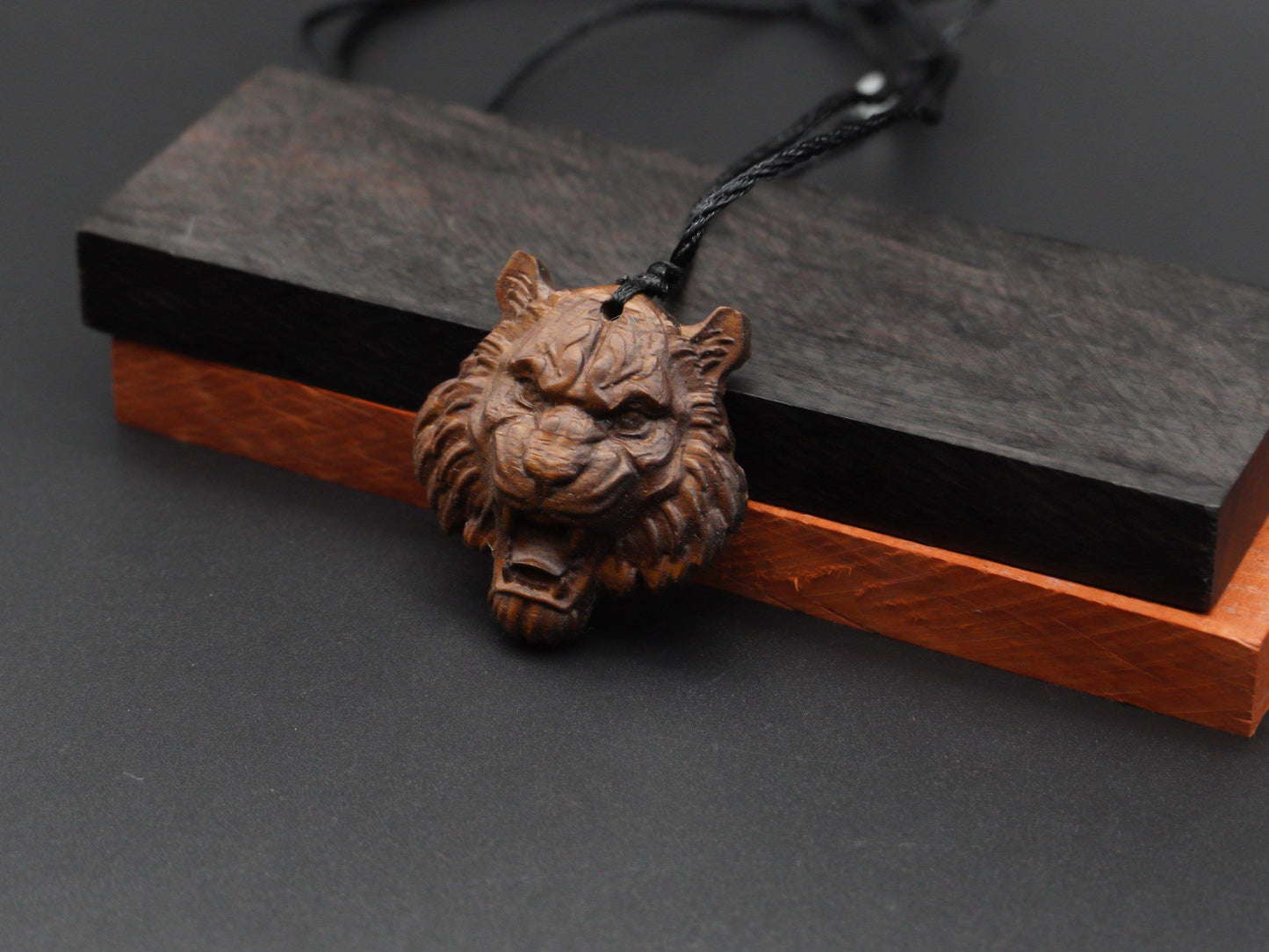 tiger head necklace,wood pendant,engraved necklace,mens necklace,animal necklace,cherry wood tiger necklace