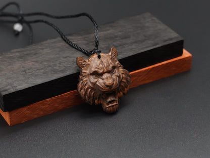 tiger head necklace,wood pendant,engraved necklace,mens necklace,animal necklace,cherry wood tiger necklace