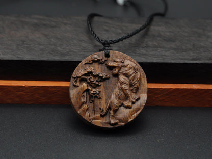 wood pendant,carve tiger pendant,engraved necklace,Tiger Birthday，strength, courage and leadership qualities，gift for him