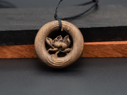 Lotus wood pendant,engraved necklace,carve lotus pendant,Exotic Wood Necklace,wood necklace, symbolizes rebirth and purity