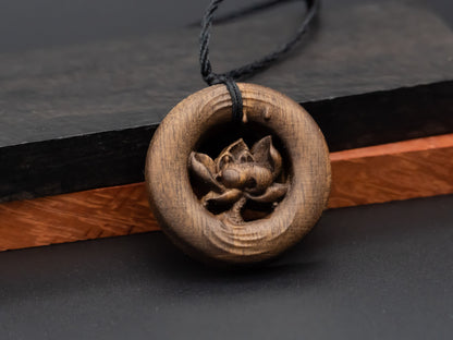 Lotus wood pendant,engraved necklace,carve lotus pendant,Exotic Wood Necklace,wood necklace, symbolizes rebirth and purity