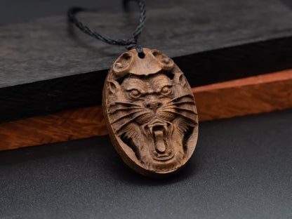 wood pendant,tiger head necklace,engraved necklace,mens necklace,animal necklace,cherry wood tiger necklace