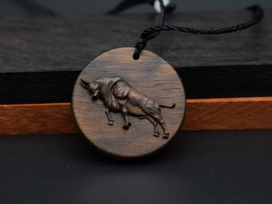 wood pendant,bull pendant,engraved necklace,handmade jewelry,carve wood bull necklace,unstoppable career success