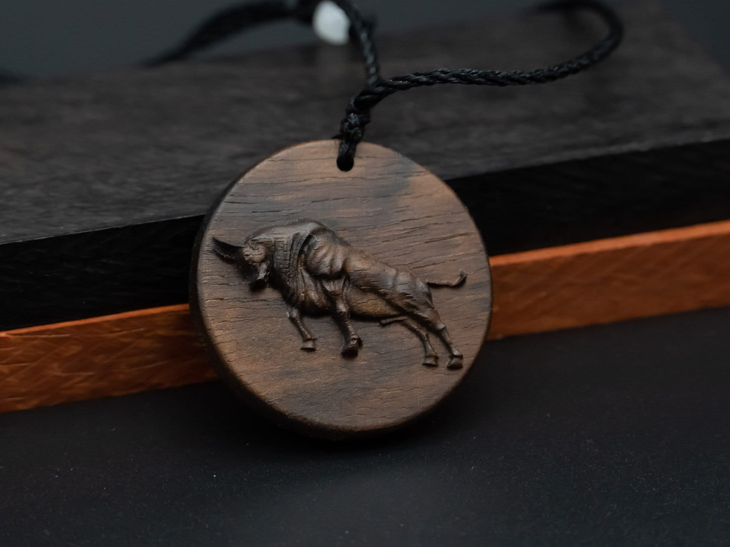 wood pendant,bull pendant,engraved necklace,handmade jewelry,carve wood bull necklace,unstoppable career success