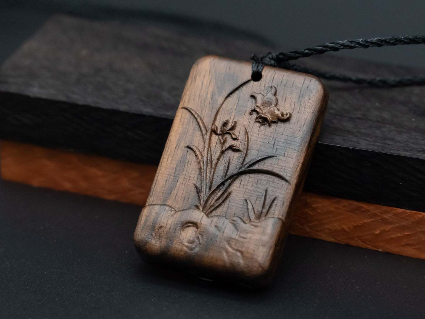 wood pendant,carve Orchids and Butterflies pendant,gift for her,carve wood necklace,means Beauty and Elegance