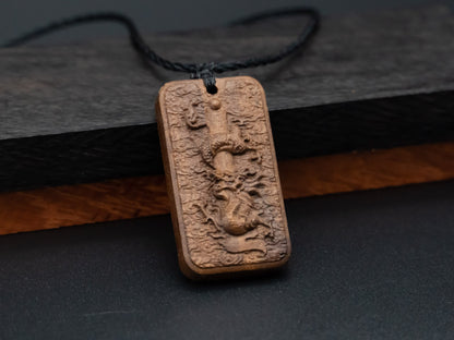 wood pendant,dragon pendantengraved necklace,Exotic Wood Necklace,cherry wood dragon necklace,mens necklace