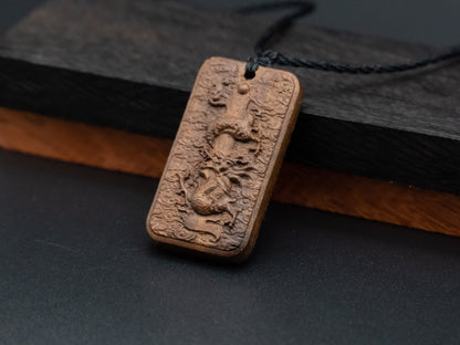 wood pendant,dragon pendantgraved necklace,Exotic Wood Necklace,cherry wood dragon necklace,mens necklace