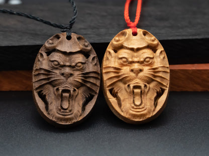 wood pendant,tiger head necklace,engraved necklace,mens necklace,animal necklace,cherry wood tiger necklace