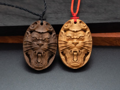 wood pendant,tiger head necklace,engraved necklace,mens necklace,animal necklace,cherry wood tiger necklace