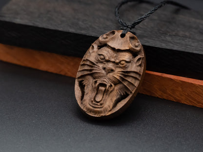 wood pendant,tiger head necklace,engraved necklace,mens necklace,animal necklace,cherry wood tiger necklace