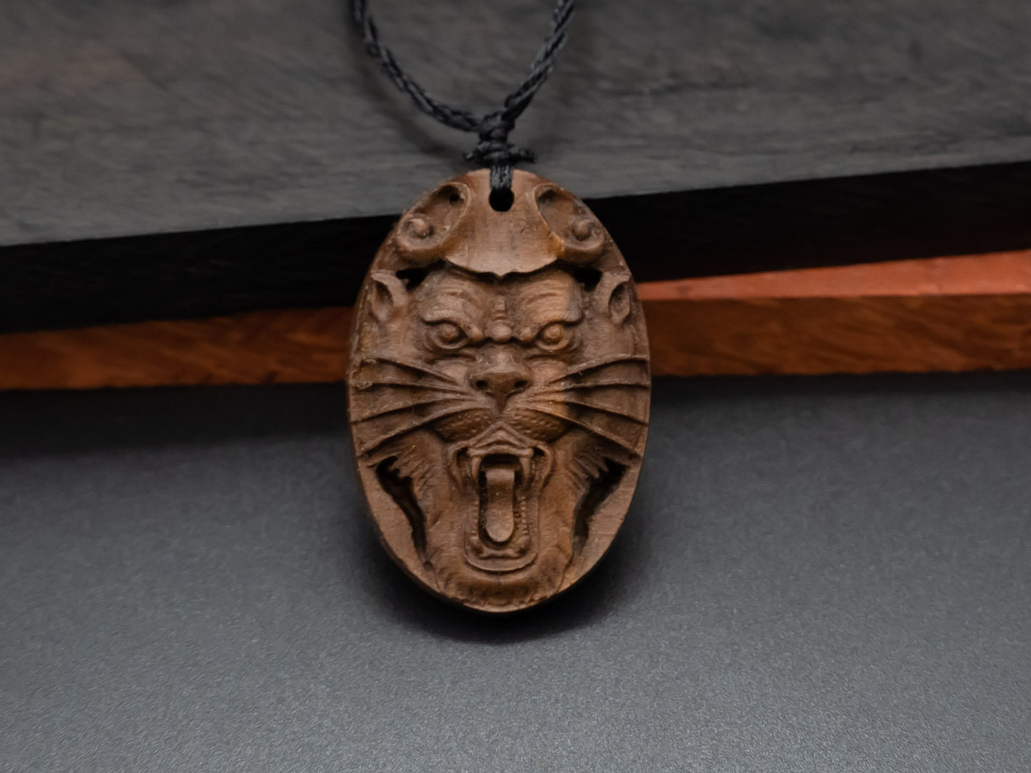 wood pendant,tiger head necklace,engraved necklace,mens necklace,animal necklace,cherry wood tiger necklace