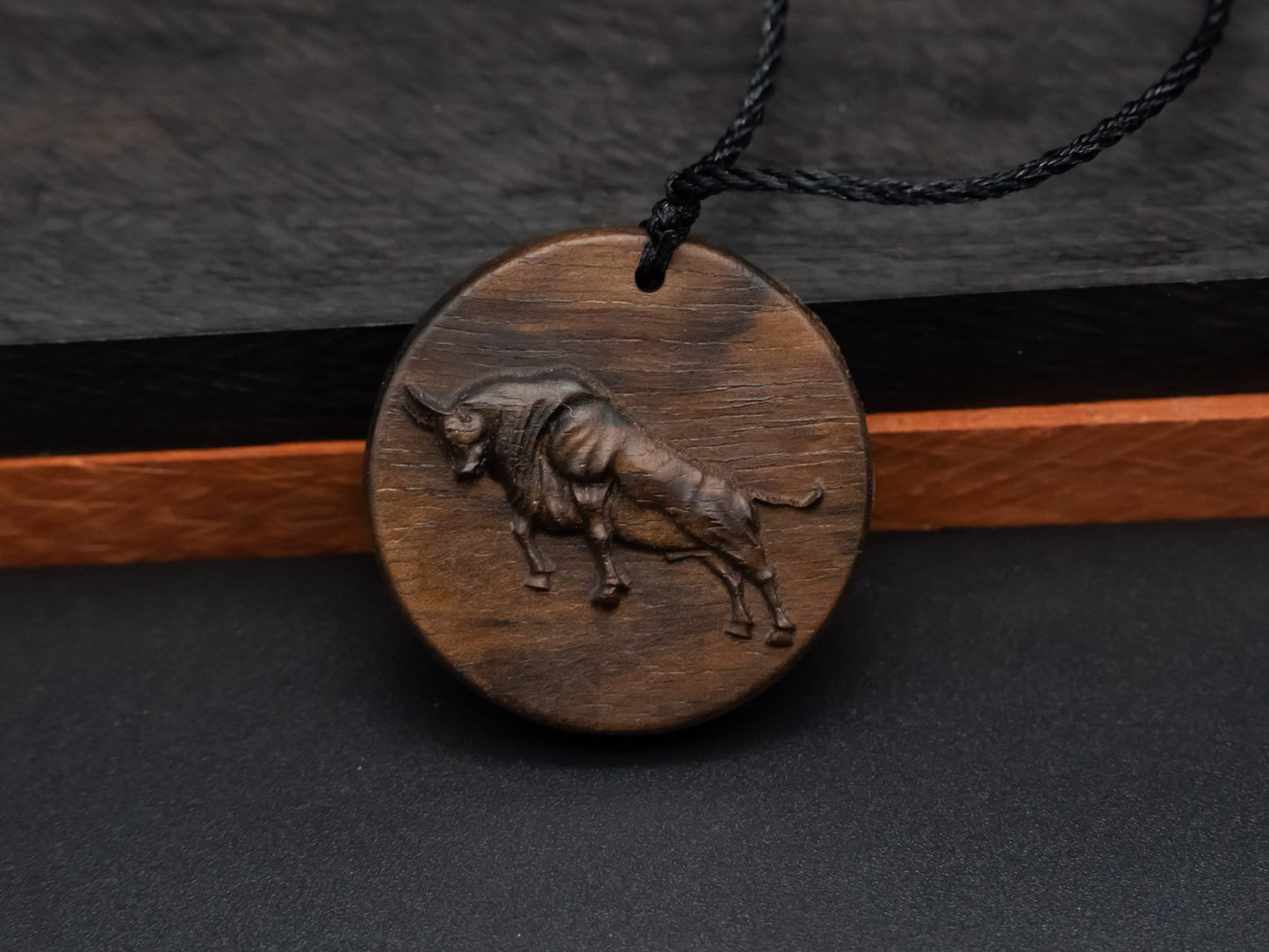 wood pendant,bull pendant,engraved necklace,handmade jewelry,carve wood bull necklace,unstoppable career success