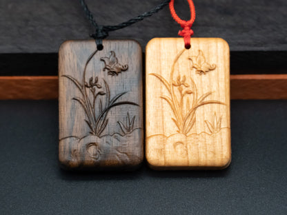 wood pendant,carve Orchids and Butterflies pendant,gift for her,carve wood necklace,means Beauty and Elegance