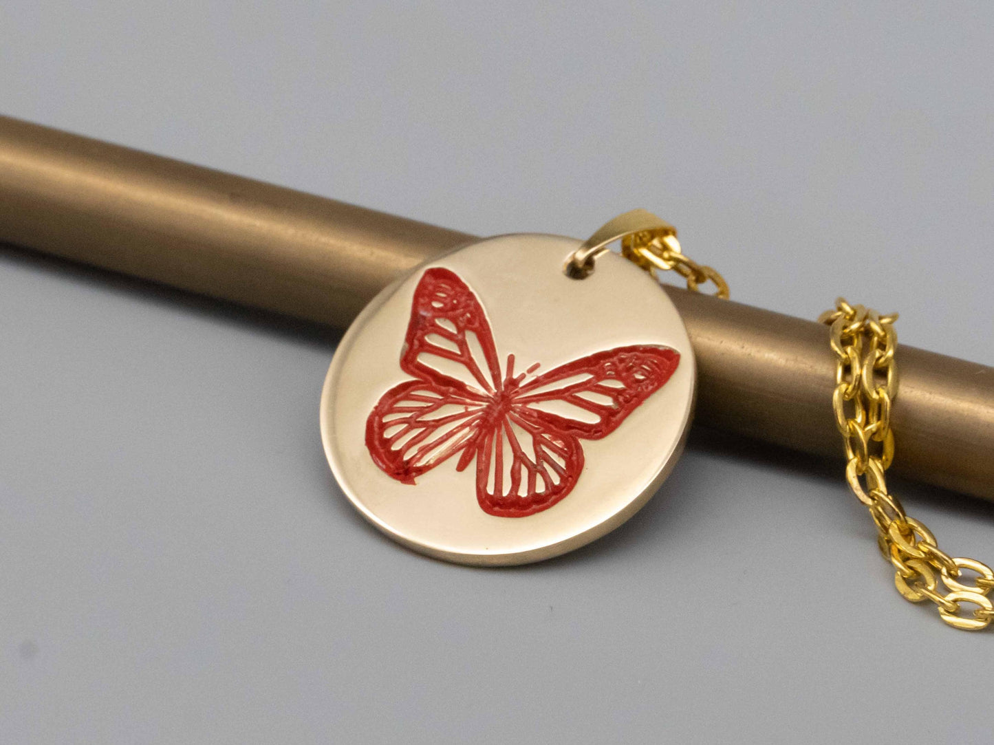 Solid brass necklace,butterfly necklace,engraved pendant,brass pendant,engraved necklace,Engraved tag