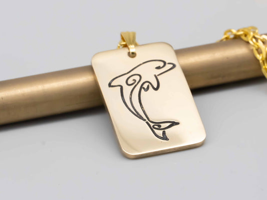 Solid brass necklace,dolphin necklace,dolphin jumping,engraved pendant,brass pendant,engraved necklace,Engraved tag,mean freedom and joy