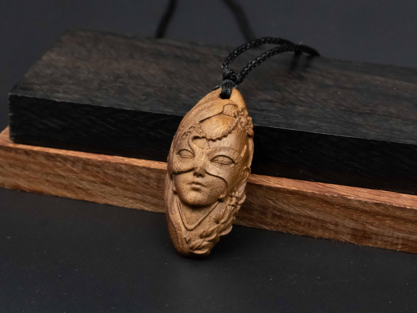 Peacock Girl pendant,wood carving,wood pendant,black walnut wood,cherry wood,wooden pendant,sculpture relief