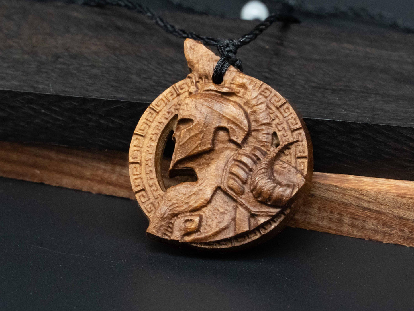 Spartacus Gladiator Helmet Pendant Necklace Wood Carving, Black Walnut, Cherry Wood,Gift for Boys, Gladiator necklace,helmet necklace