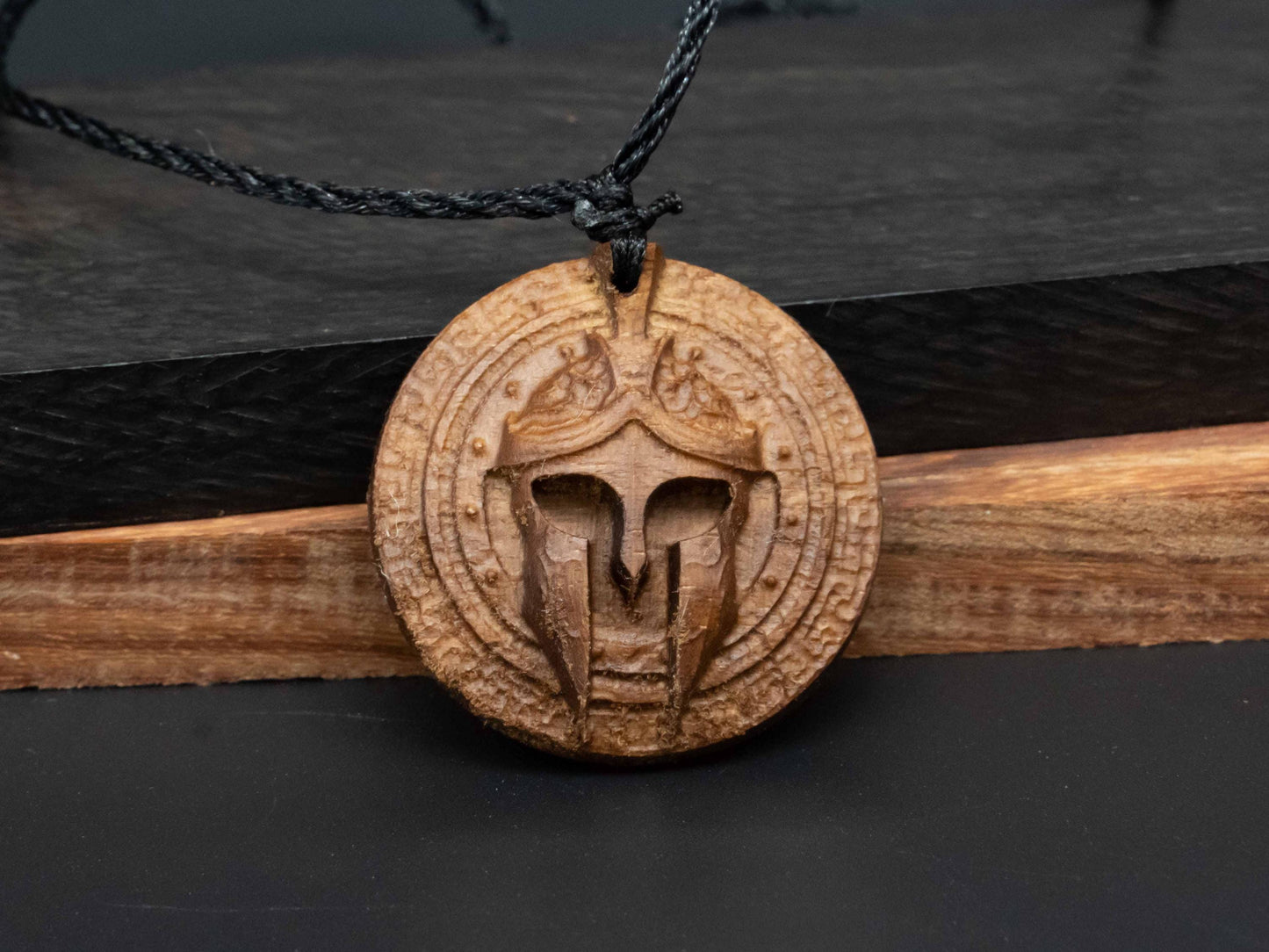 Spartacus Gladiator Helmet Pendant Necklace ,Black Walnut ,Cherry Wood Carving, Unique Roman Gladiator Gift for Boys