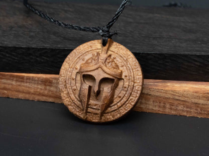 Spartacus Gladiator Helmet Pendant Necklace ,Black Walnut ,Cherry Wood Carving, Unique Roman Gladiator Gift for Boys