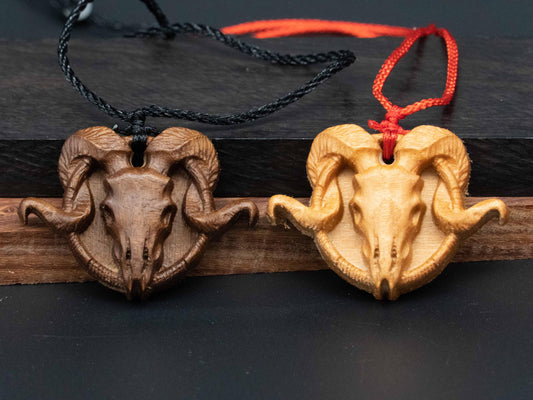 Goat Skull Wood Necklace,carve goat necklace,wood pendant,black walnut wood and cherry wood pendant,carved wood,goat head skull pendant