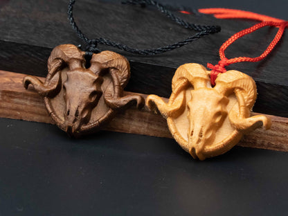 Goat Skull Wood Necklace,carve goat necklace,wood pendant,black walnut wood and cherry wood pendant,carved wood,goat head skull pendant