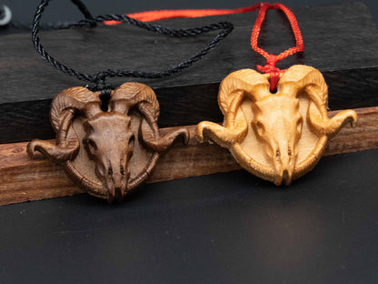 Goat Skull Wood Necklace,carve goat necklace,wood pendant,black walnut wood and cherry wood pendant,carved wood,goat head skull pendant