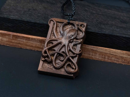 Octopus Necklace pendant, octopus gift,wood carving, Black Walnut wood, Cherry Wood, Octopus Gifts,octopus relief,octopus sculpt