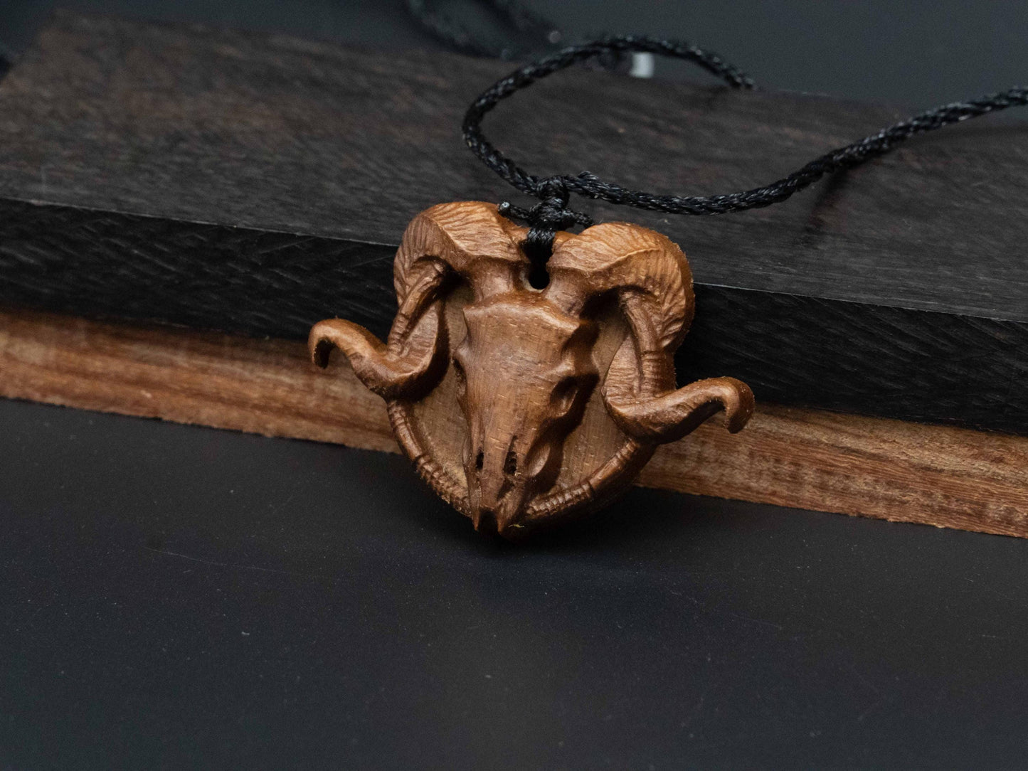 Goat Skull Wood Necklace,carve goat necklace,wood pendant,black walnut wood and cherry wood pendant,carved wood,goat head skull pendant