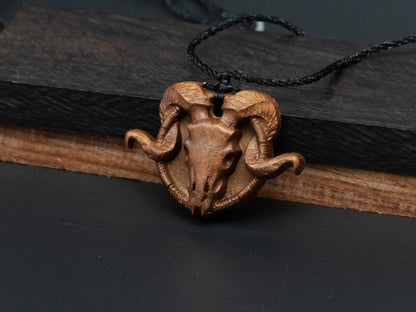 Goat Skull Wood Necklace,carve goat necklace,wood pendant,black walnut wood and cherry wood pendant,carved wood,goat head skull pendant