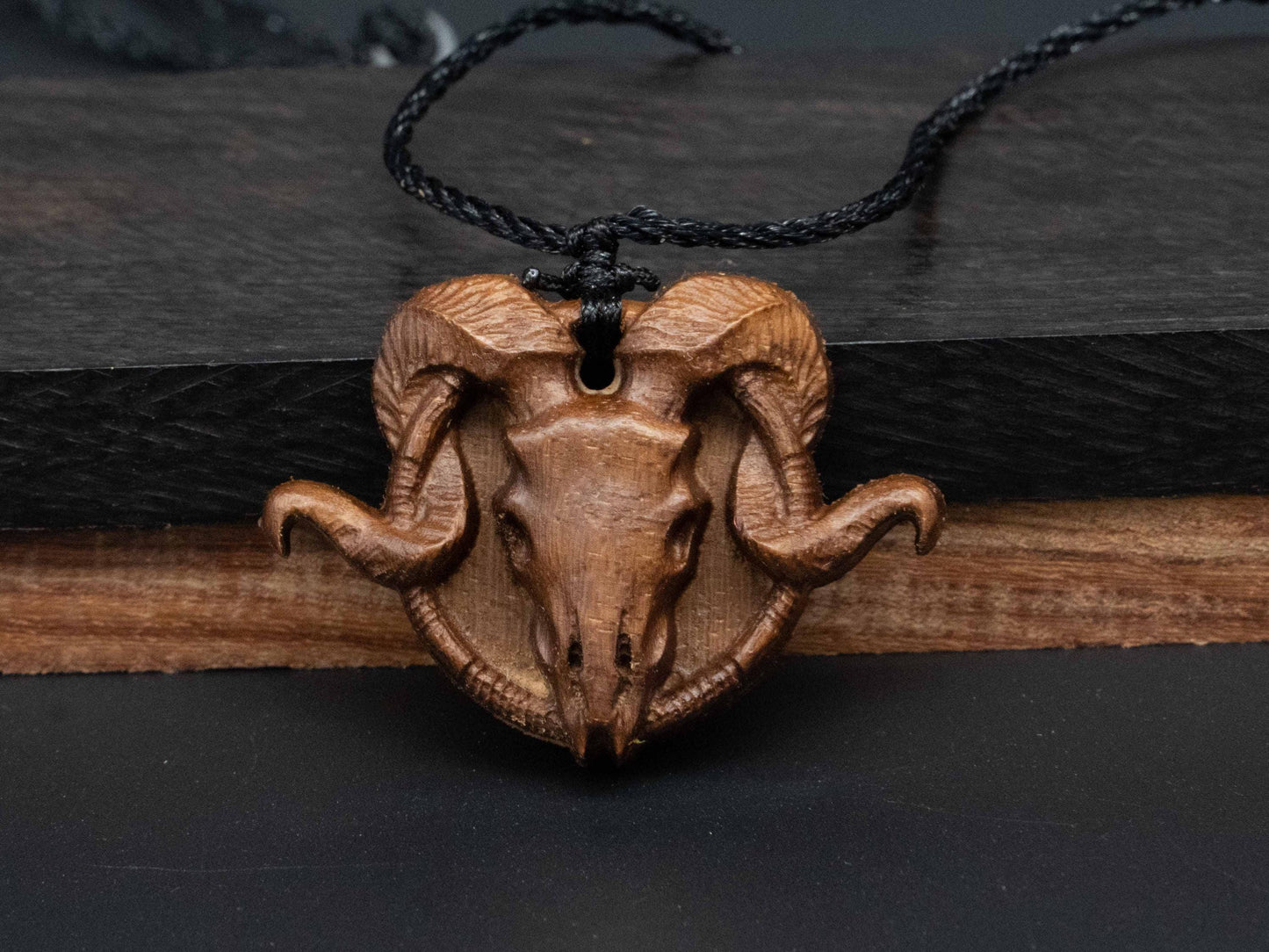 Goat Skull Wood Necklace,carve goat necklace,wood pendant,black walnut wood and cherry wood pendant,carved wood,goat head skull pendant